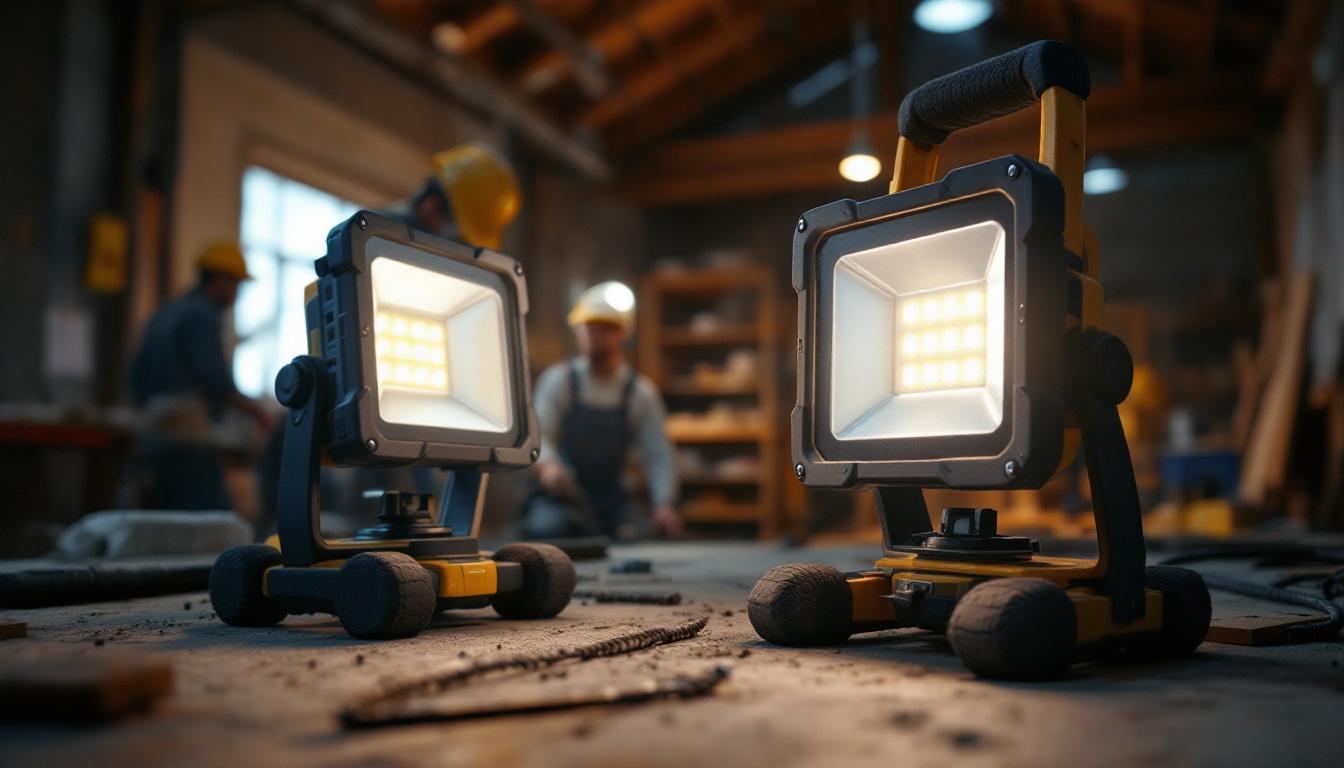 A photograph of a portable led work light in action at a construction site or workshop