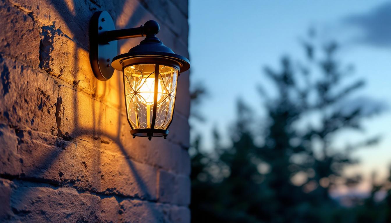 A photograph of a beautifully designed outdoor wall lantern illuminated at dusk