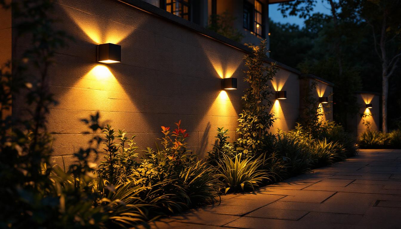 A photograph of a beautifully illuminated outdoor space featuring stylish solar wall lights