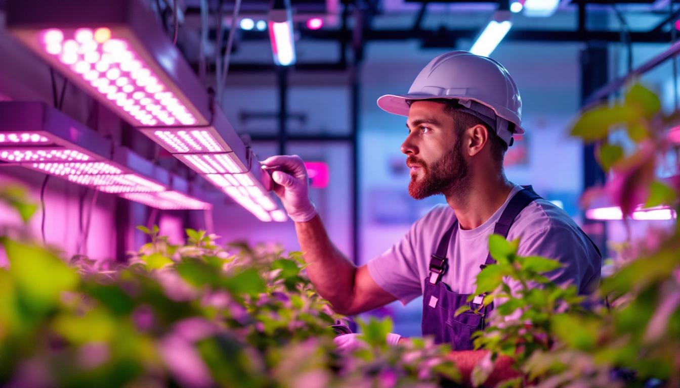 A photograph of a skilled engineer inspecting a modern led grow light setup in a controlled indoor garden