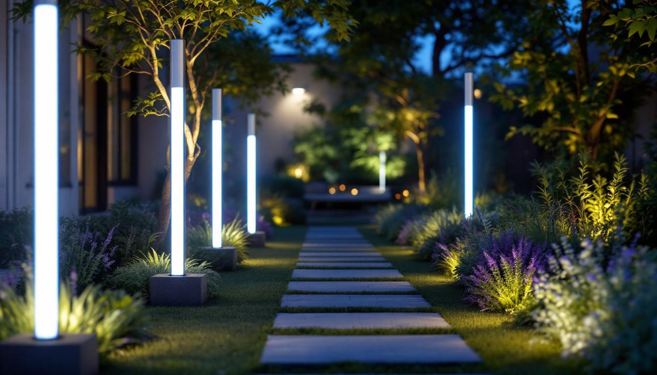 A photograph of capture a photograph of a beautifully illuminated outdoor space featuring led light tubes integrated into landscaping or architectural elements