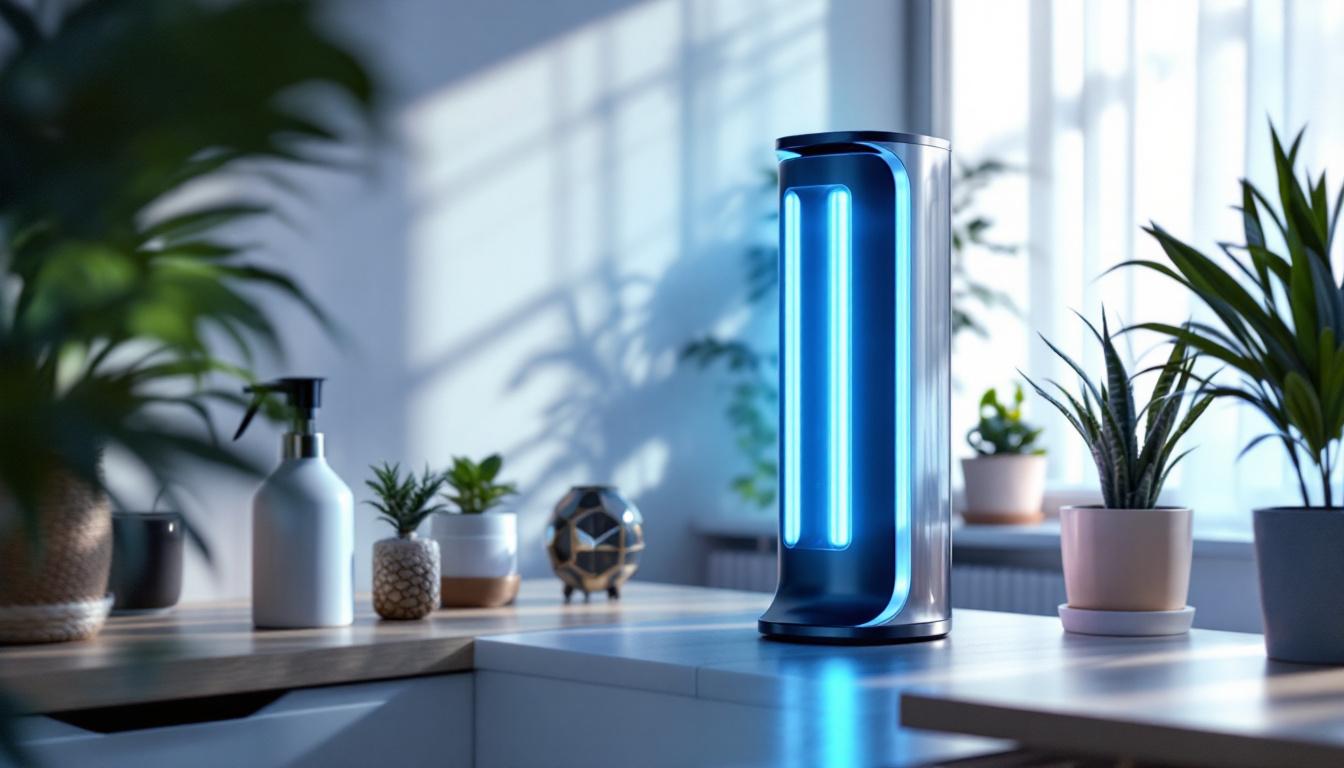 A photograph of a modern uv light sanitizer in a well-lit room setting