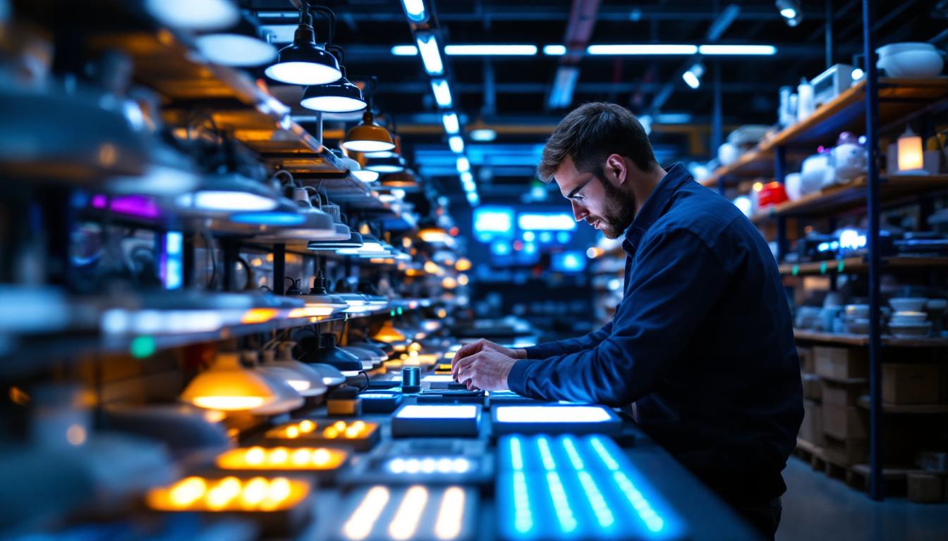 A photograph of a lighting engineer meticulously examining a variety of led lights in a well-organized wholesale showroom
