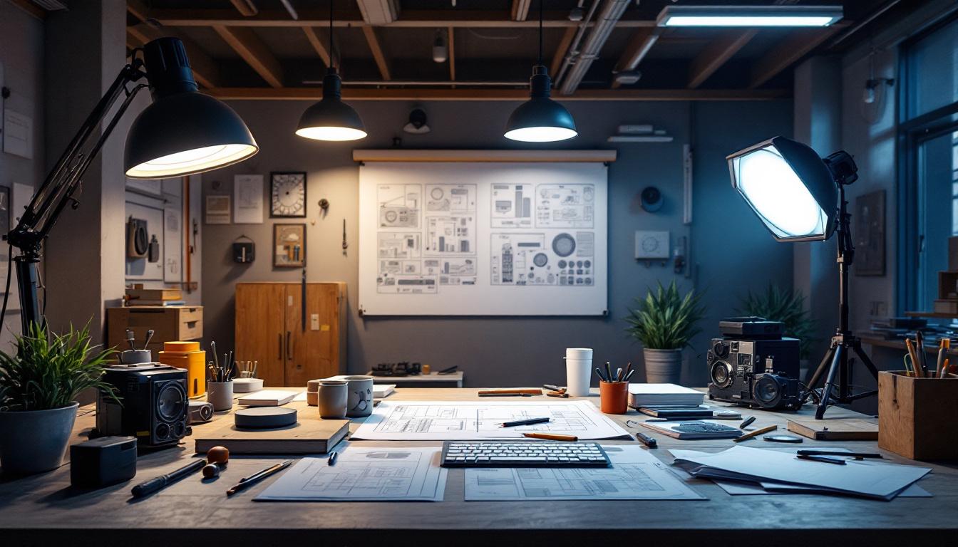 A photograph of a well-lit engineering workspace featuring various lighting fixtures