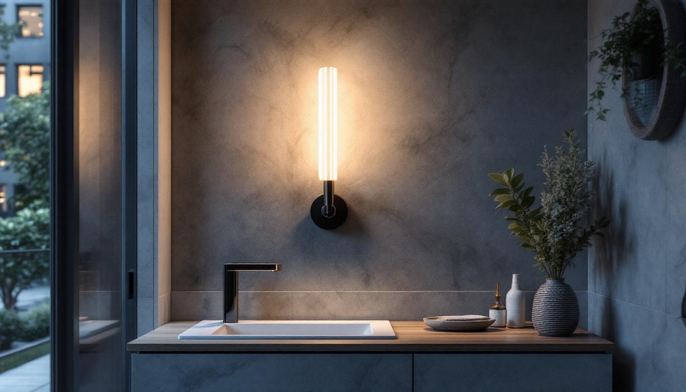 A photograph of a beautifully designed led bath sconce installed in a modern bathroom setting