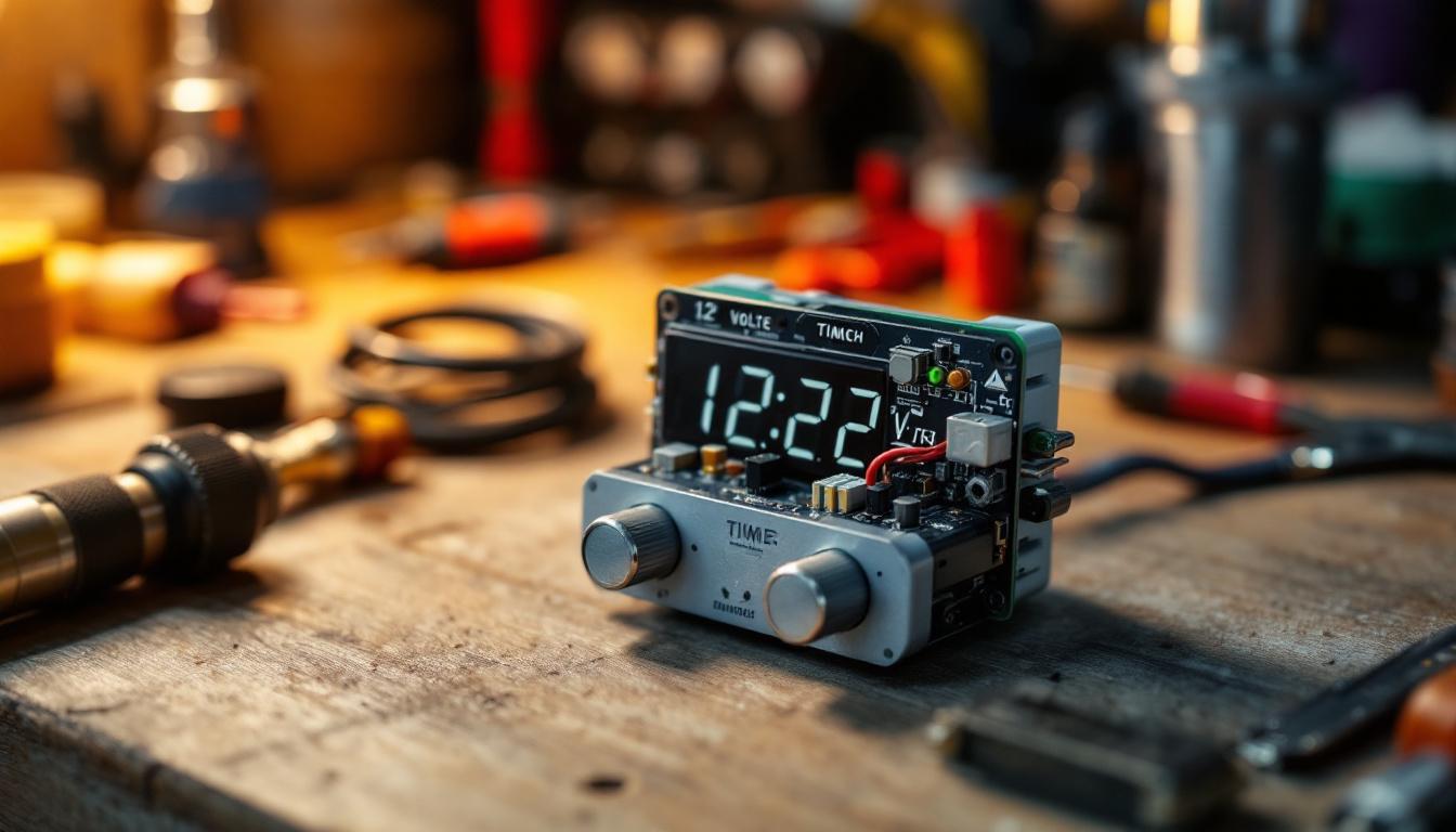 A photograph of a close-up shot of a 12-volt timer switch kit displayed on a workbench