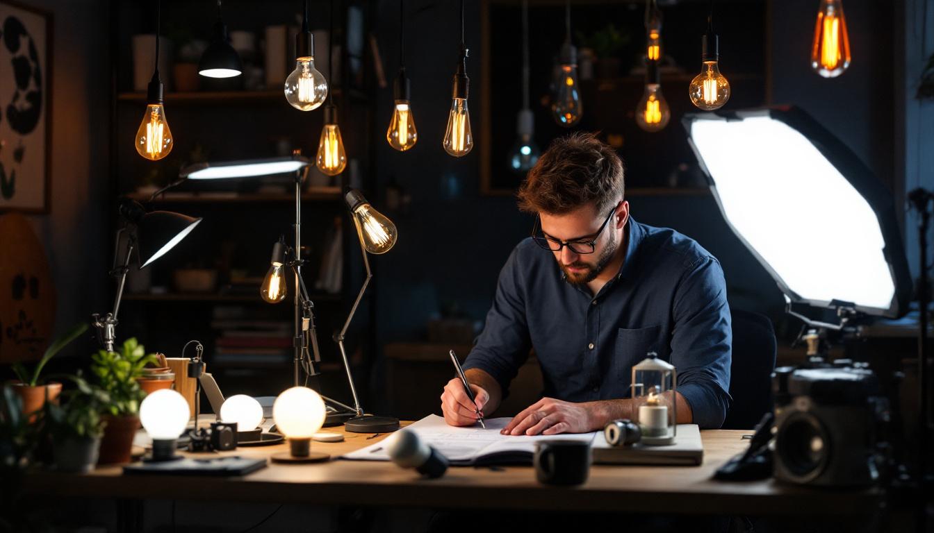 A photograph of a well-lit workspace featuring various types of lamps and bulbs