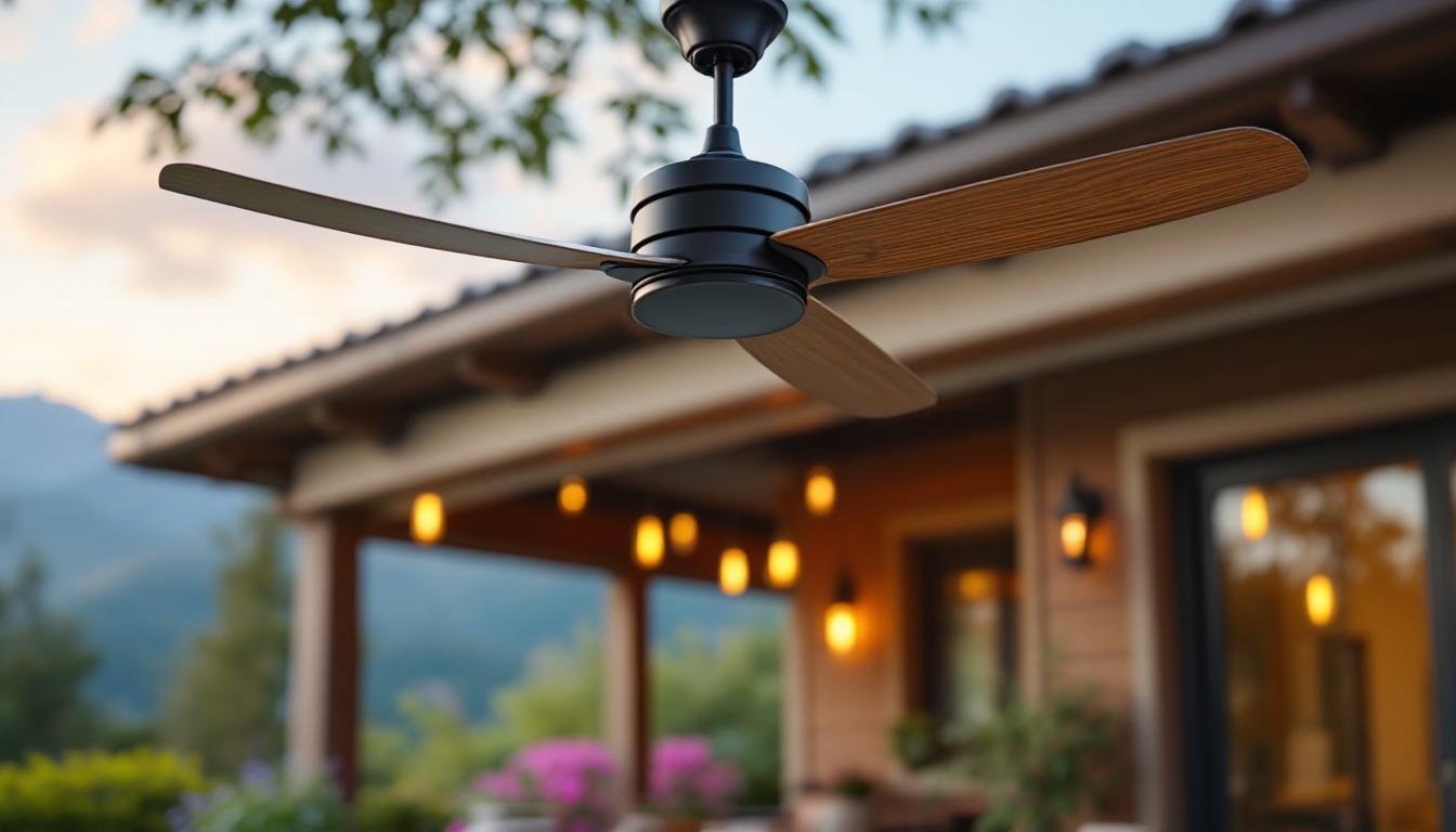 A photograph of a stylish outdoor ceiling fan installed in a picturesque outdoor setting