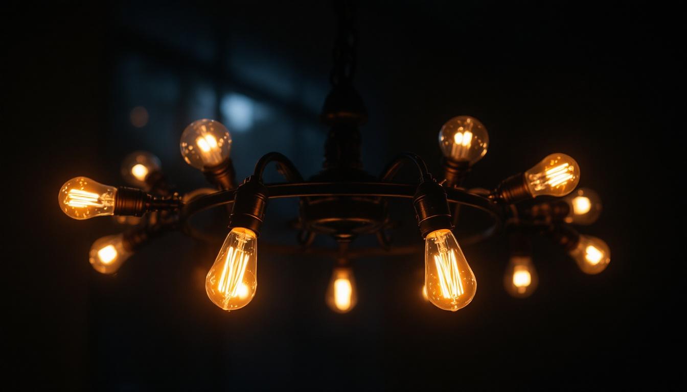 A photograph of a beautifully designed chandelier with flickering light bulbs in a dimly lit room