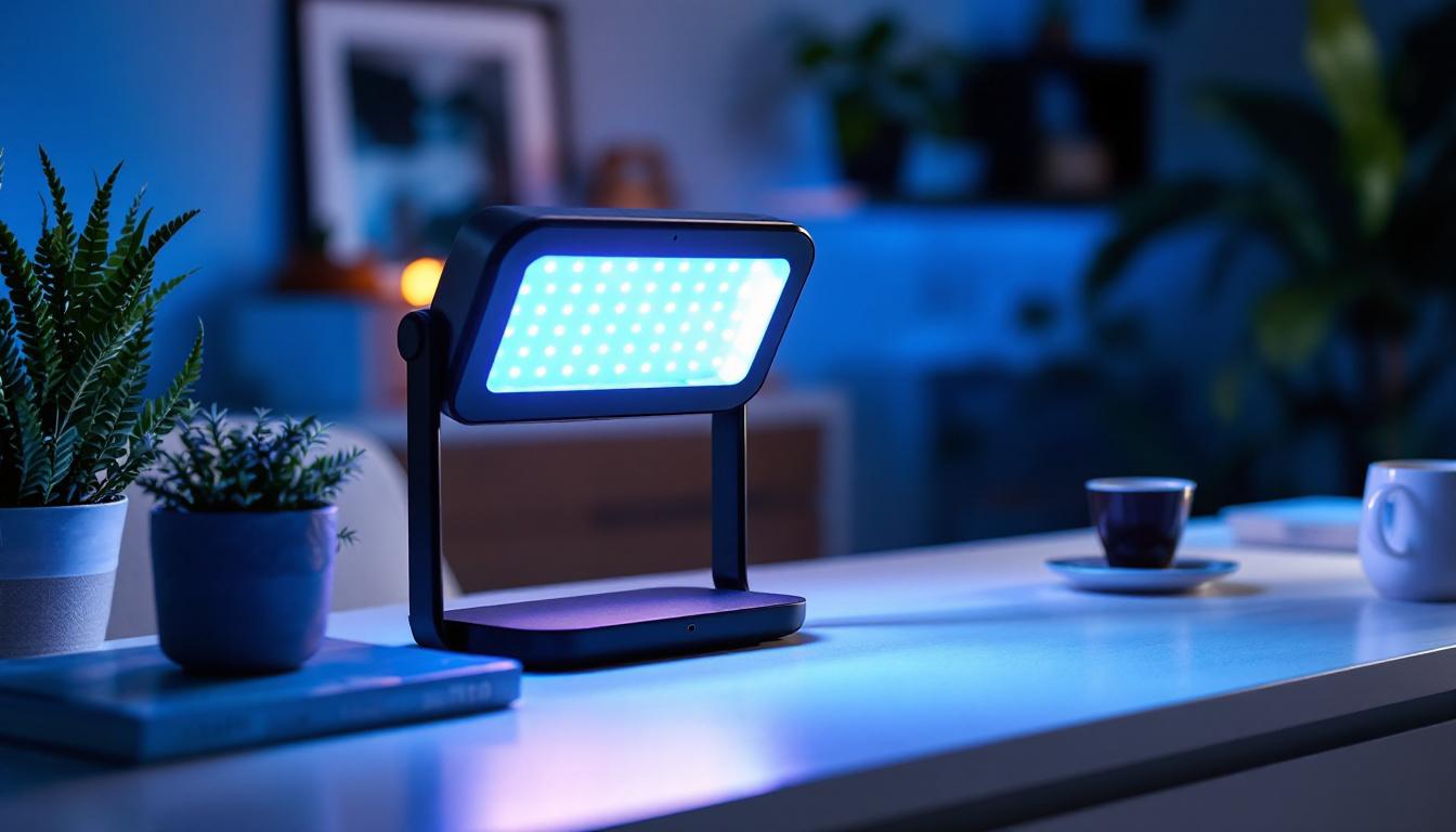 A photograph of a portable uv light in use within a stylishly designed space