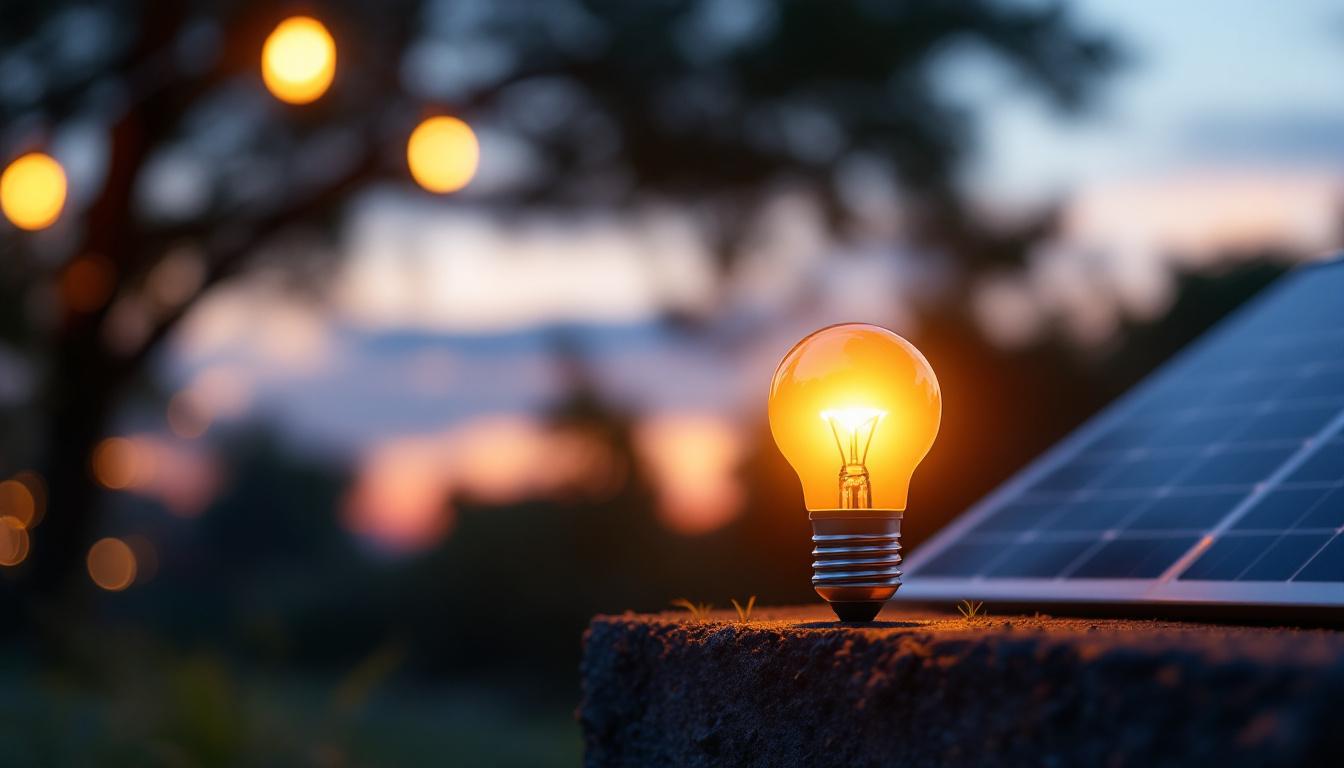 A photograph of a solar-powered led light bulb illuminating a serene outdoor setting at dusk