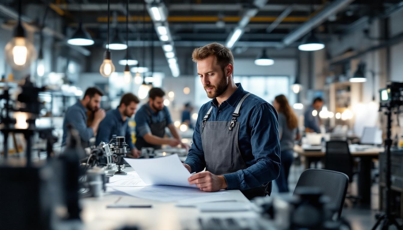 A photograph of a skilled electrical engineer collaborating with a team in a modern lighting design studio