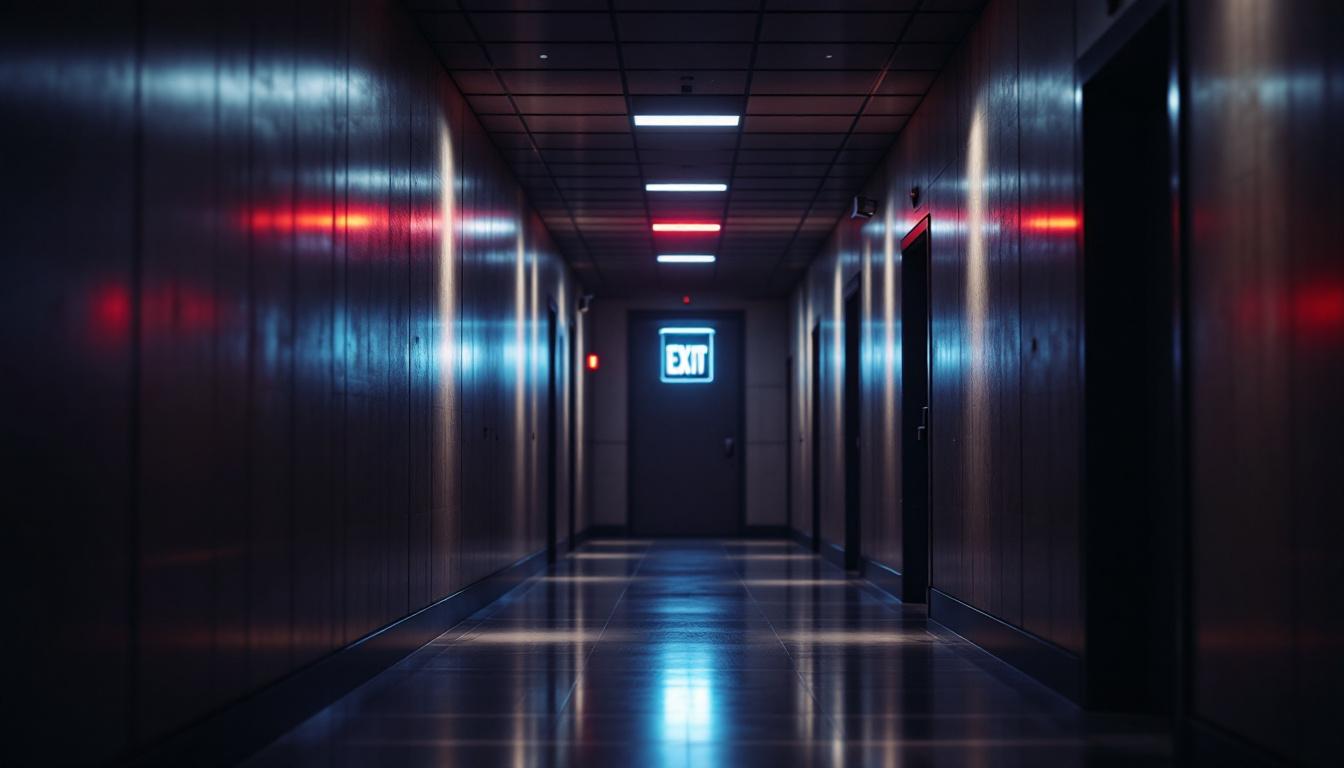 A photograph of capture a photograph of a modern emergency exit lighting system in a dimly lit corridor