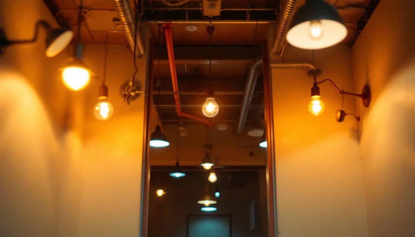 A photograph of a well-lit interior space showcasing various lighting fixtures and their placement
