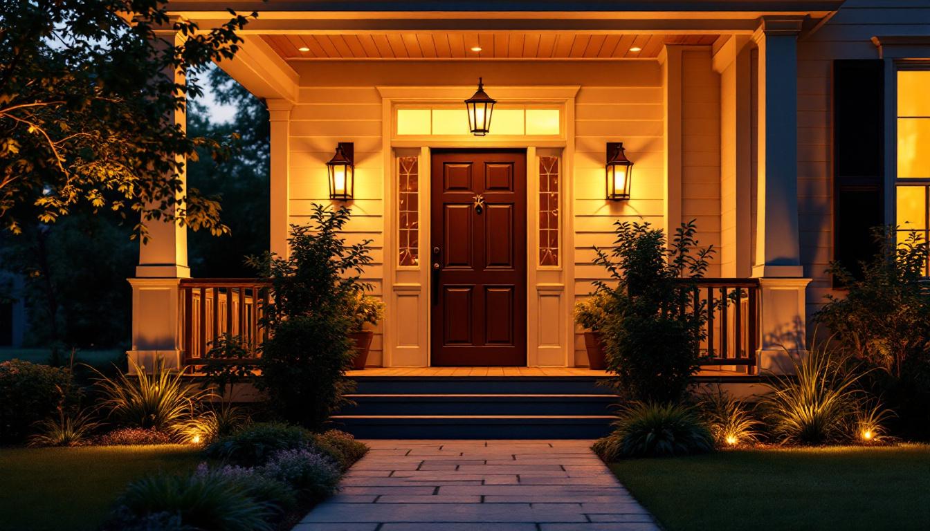 A photograph of a beautifully illuminated front porch featuring led lights