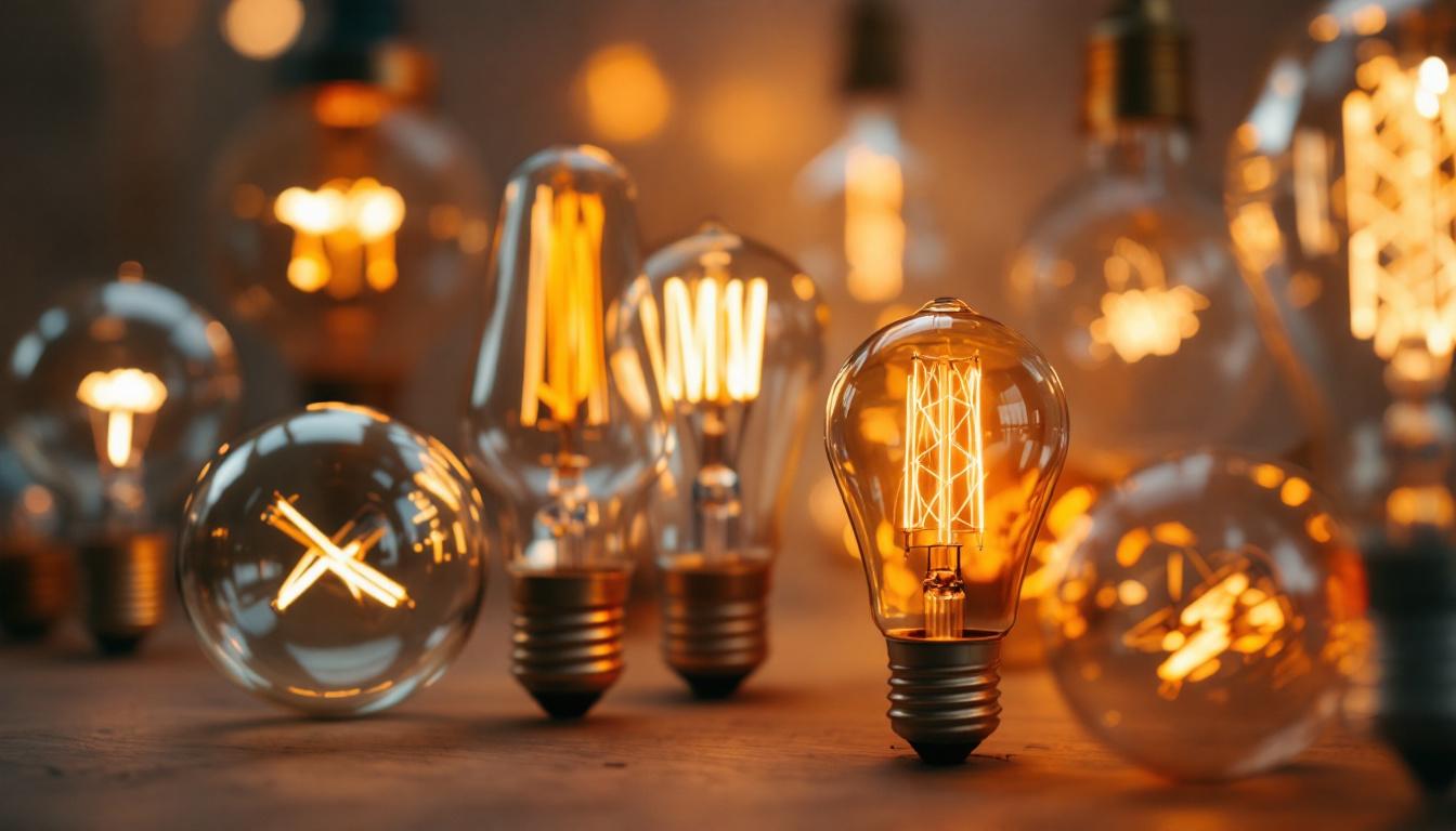 A photograph of a close-up of various lamp bulbs