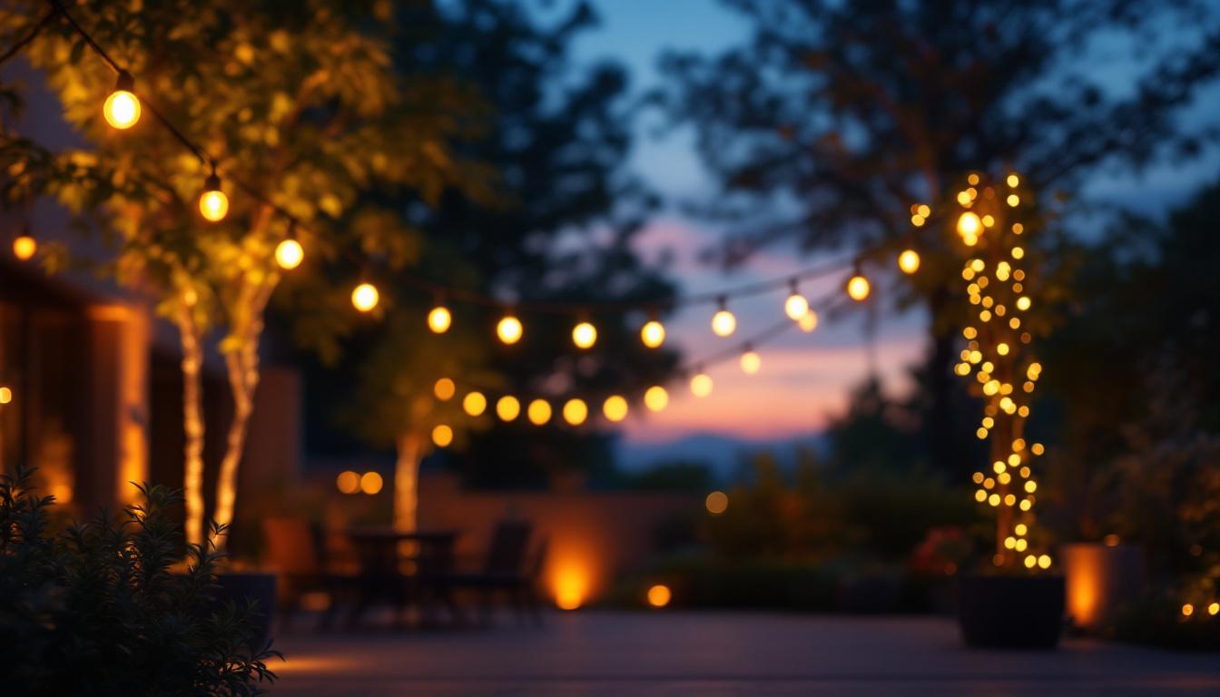 A photograph of a beautifully illuminated outdoor setting featuring dusk to dawn coach lights