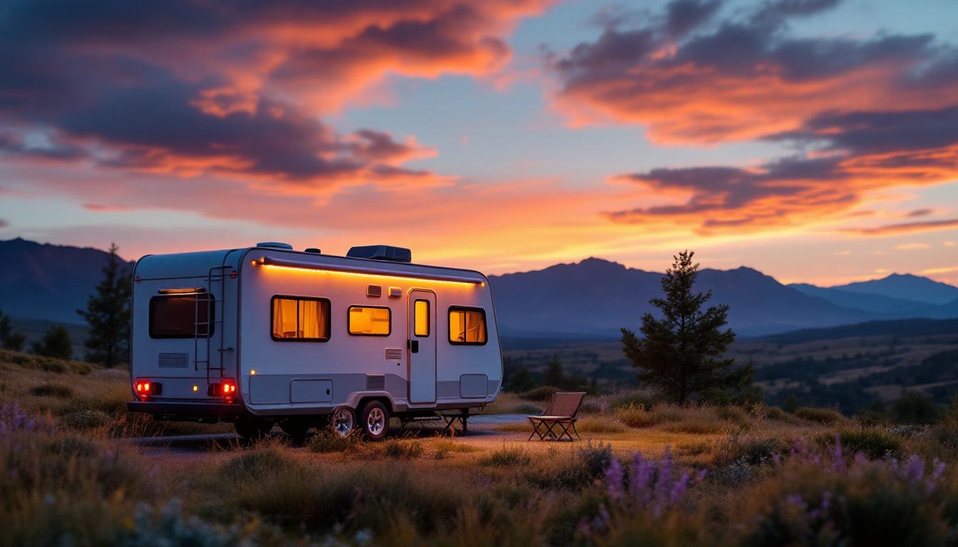 A photograph of a solar-powered rv parked in a scenic outdoor setting at dusk