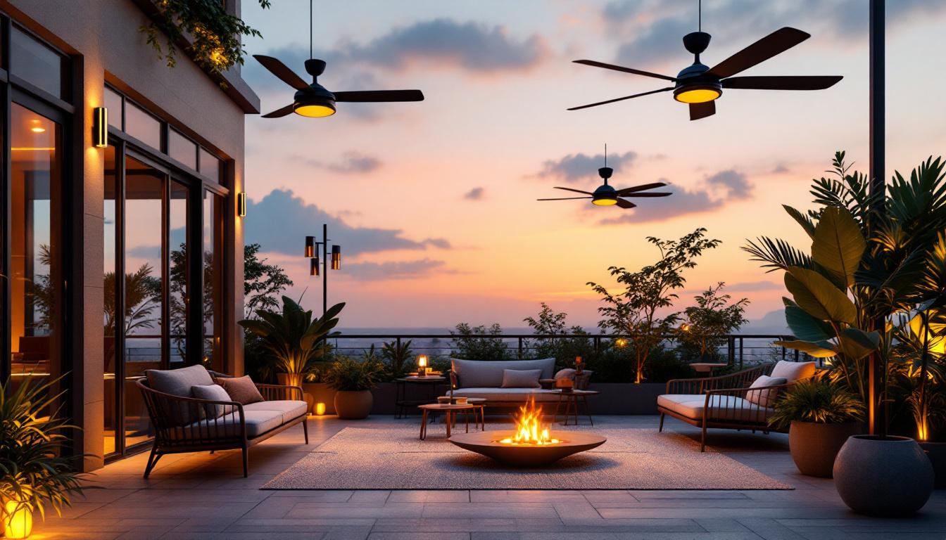 A photograph of a beautifully designed outdoor space featuring stylish fans and ambient lighting