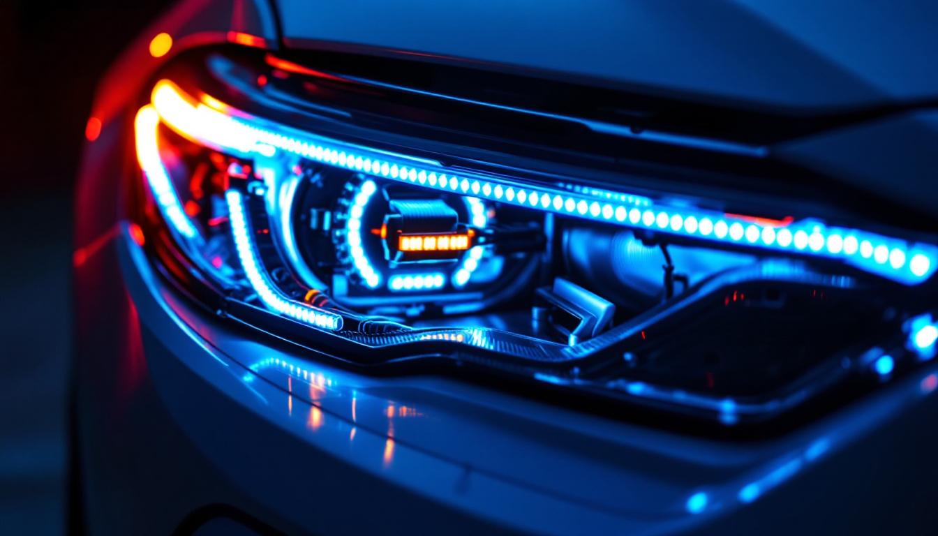 A photograph of a close-up shot of a vibrant led strip light installed in a modern headlight assembly