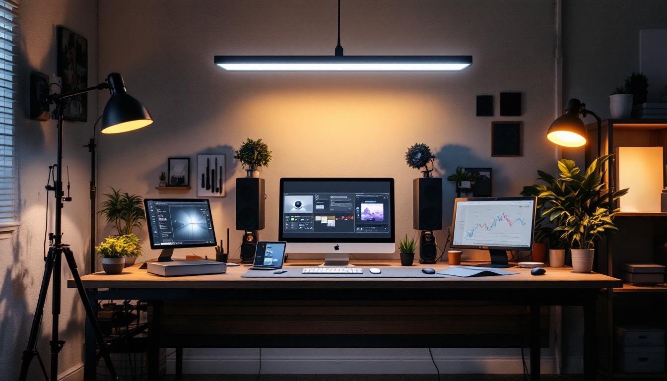 A photograph of a well-lit engineering workspace featuring various lighting solutions