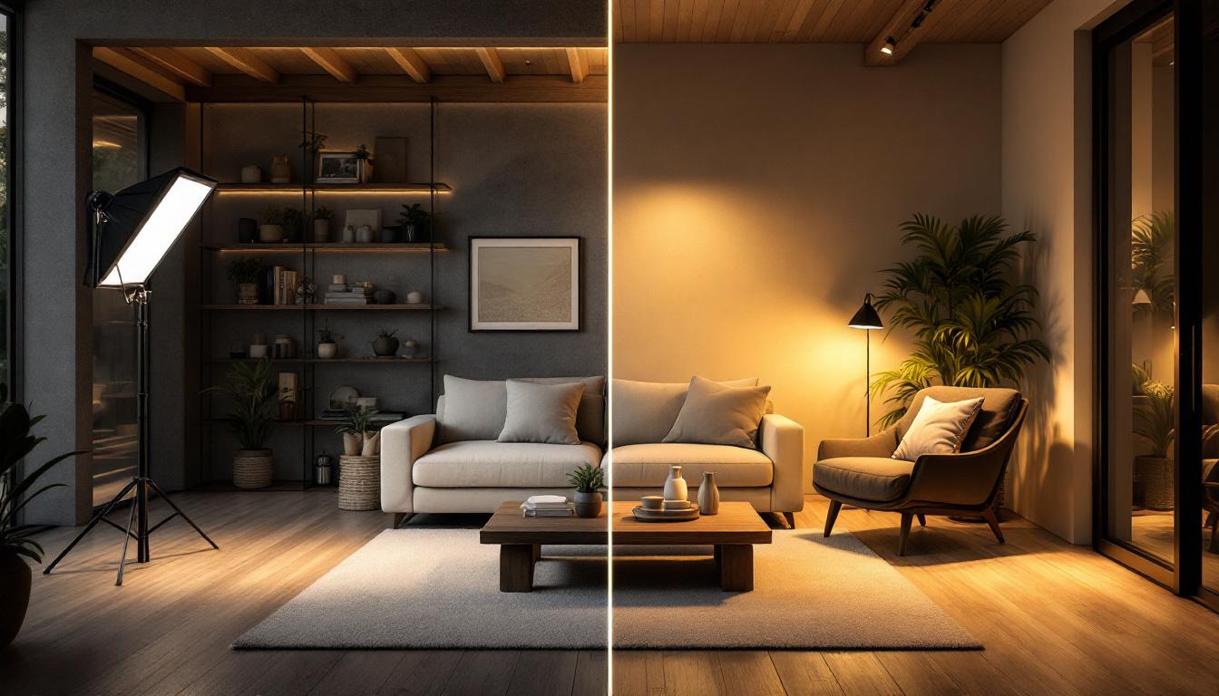 A photograph of a side-by-side comparison of hi bright lighting and other lighting options in a practical setting