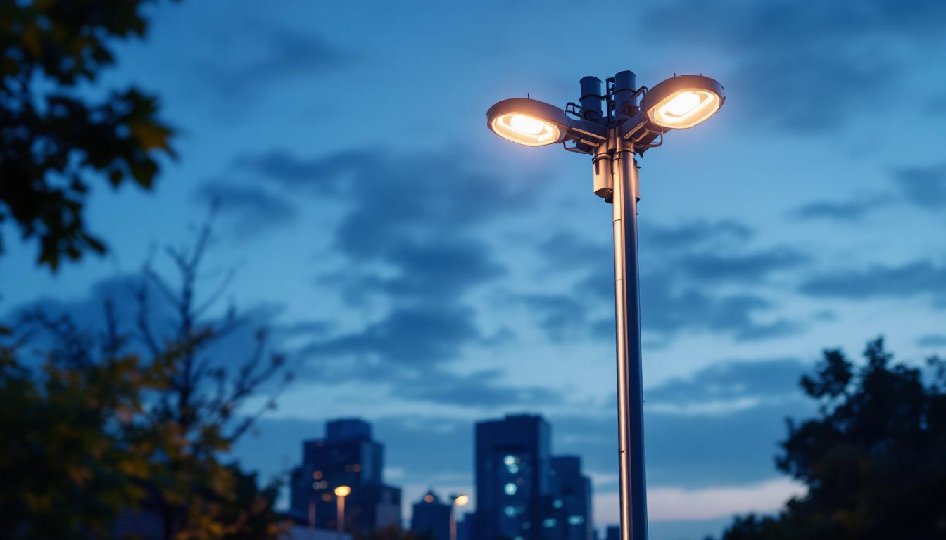 A photograph of a well-designed light pole illuminated at dusk