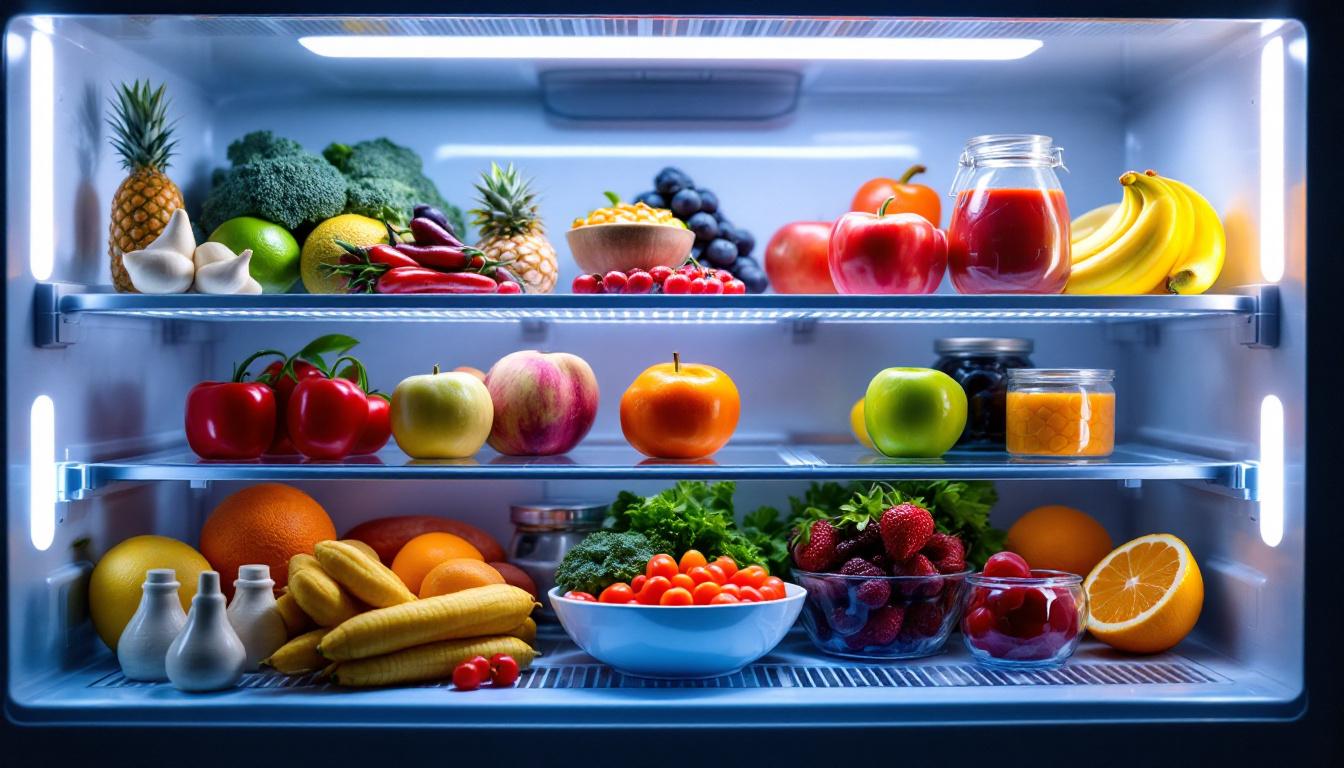 A photograph of a well-lit interior of a refrigerator