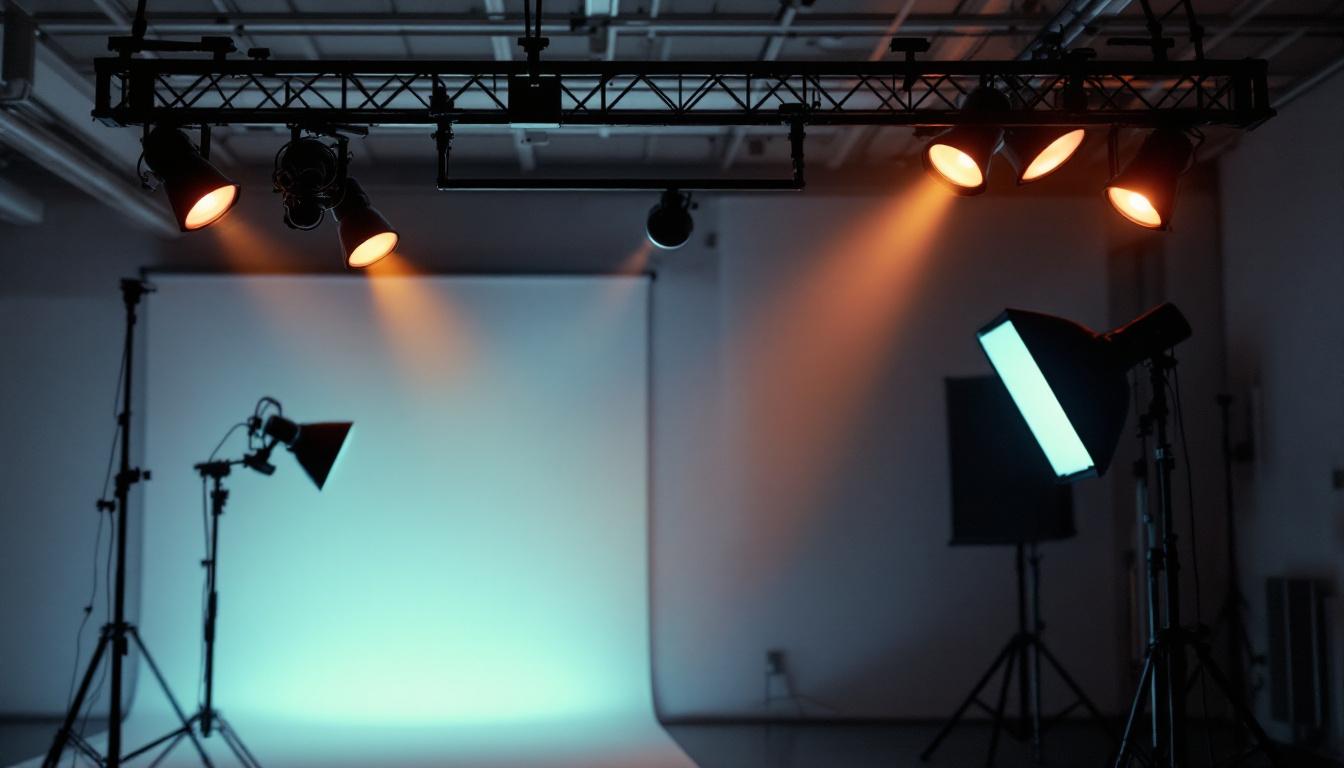 A photograph of a well-lit studio environment showcasing various types of track lighting fixtures in use