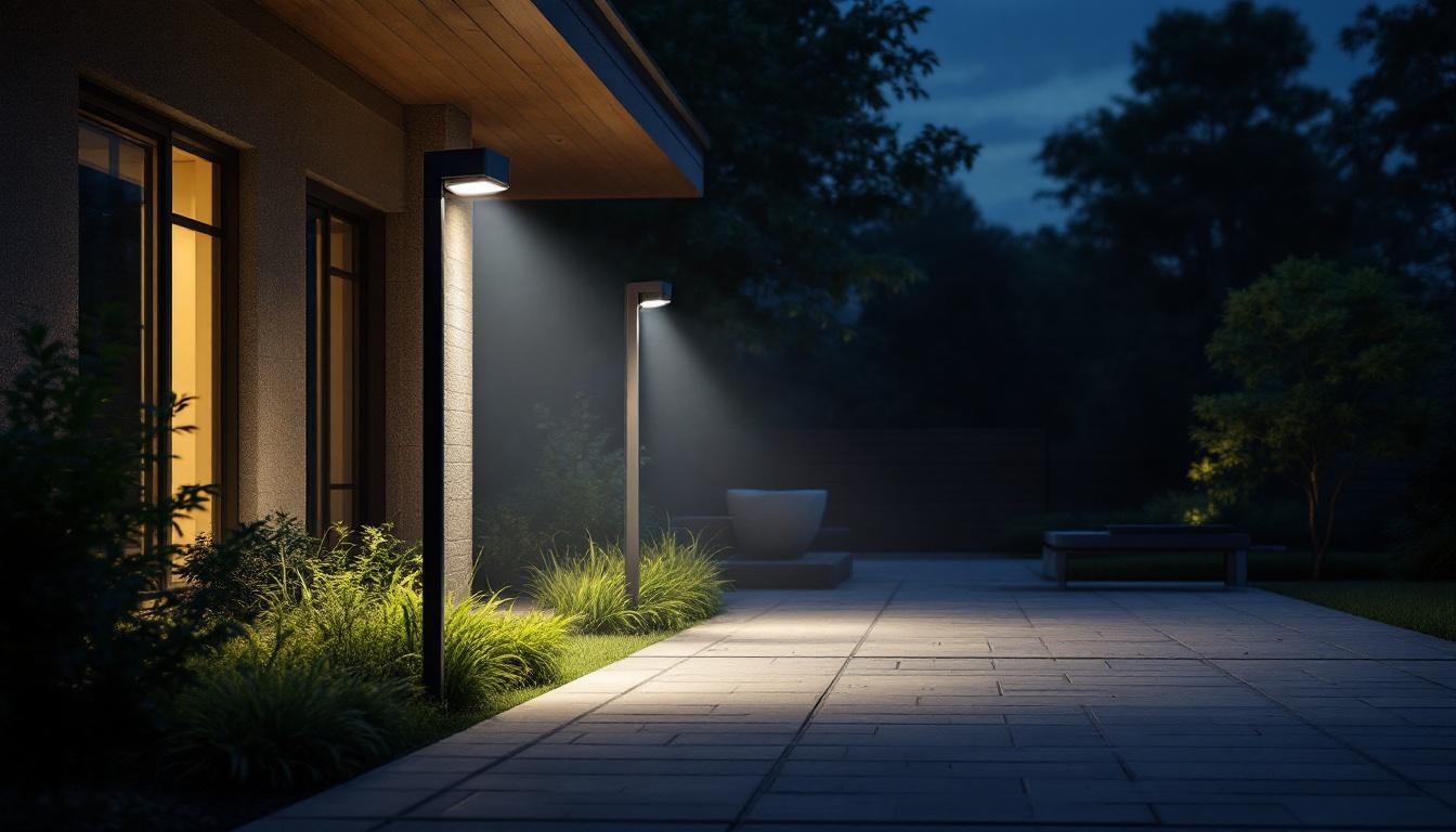A photograph of a well-lit outdoor area featuring dusk-to-dawn flood lights with motion sensors in action