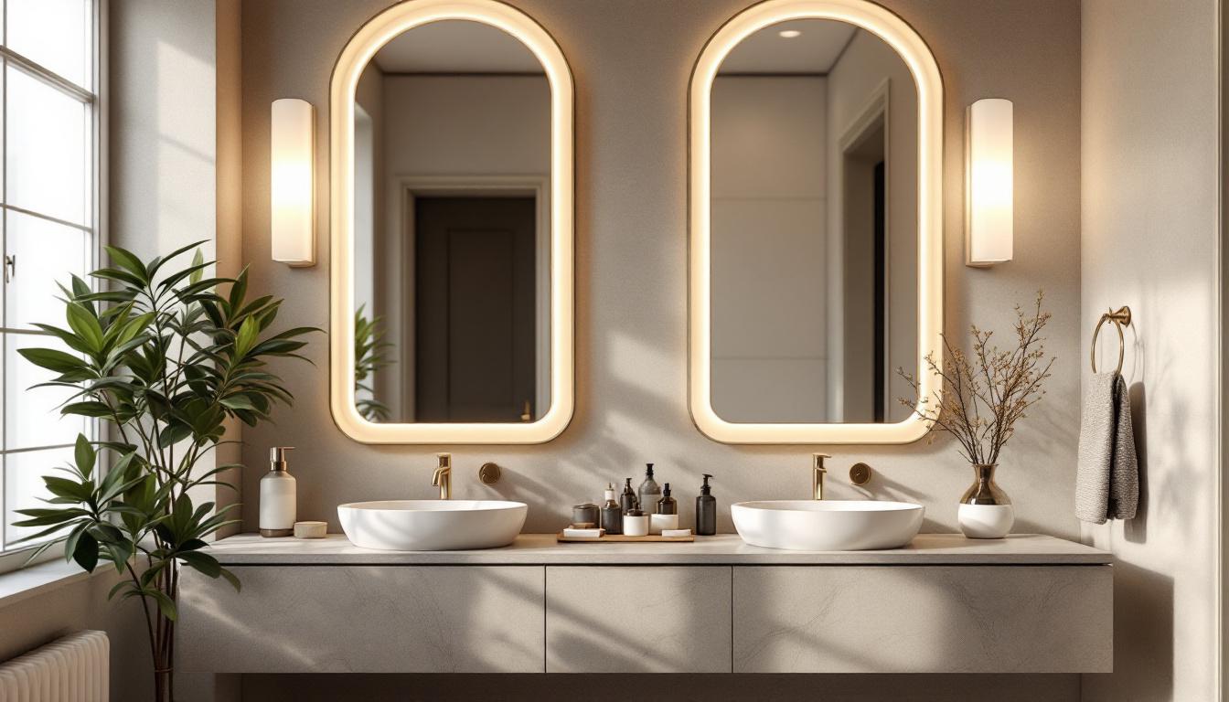 A photograph of a beautifully designed bathroom featuring elegant wall-mounted vanity lights that highlight the space's aesthetics and functionality