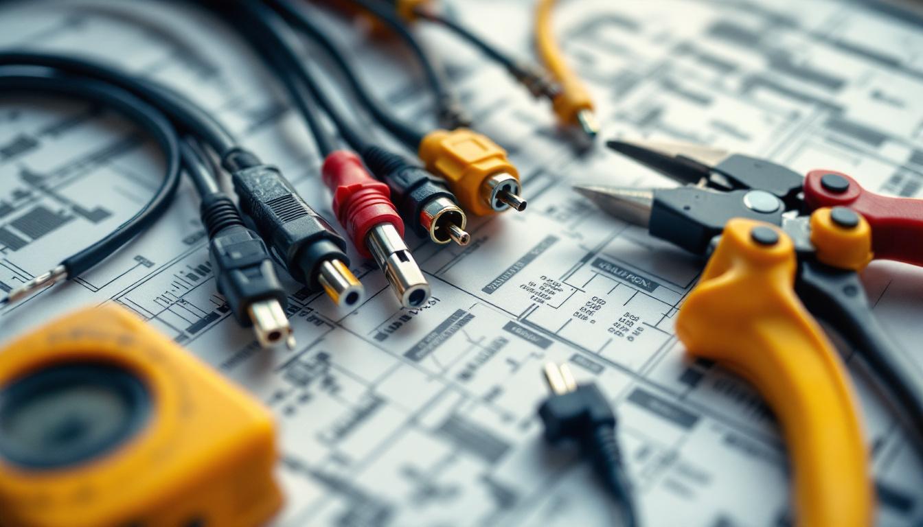 A photograph of a close-up shot of various power cables and connectors laid out on a blueprint or technical drawing