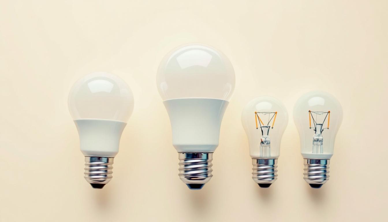 A photograph of a close-up shot of various standard light bulb base sizes laid out on a clean