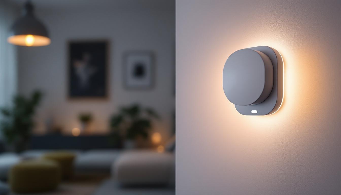 A photograph of a motion detector installed on a sleek light fixture in a modern home setting
