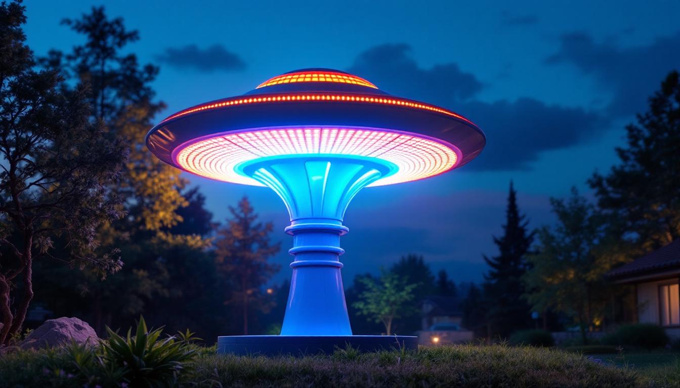 A photograph of a vibrant led ufo light installation in an outdoor setting during dusk
