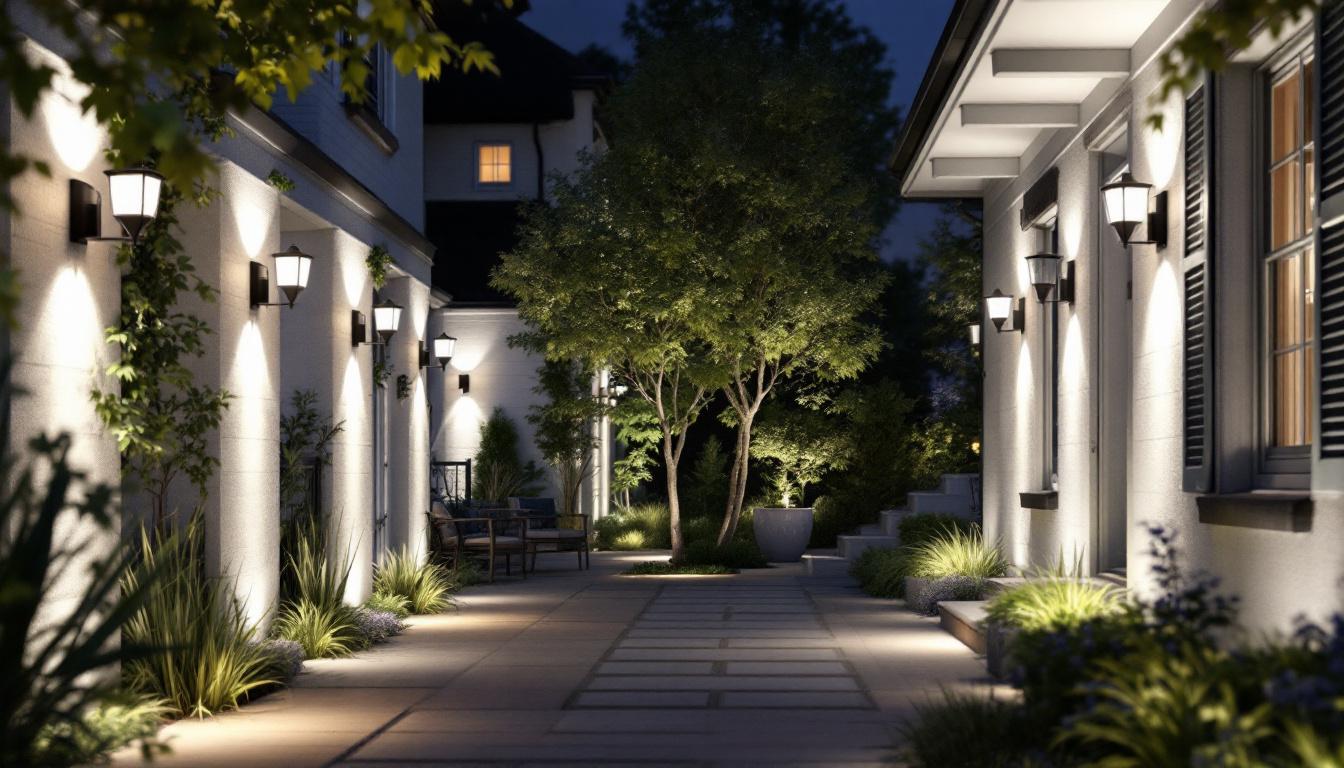 A photograph of a beautifully illuminated outdoor space featuring a variety of stylish and functional lighting fixtures