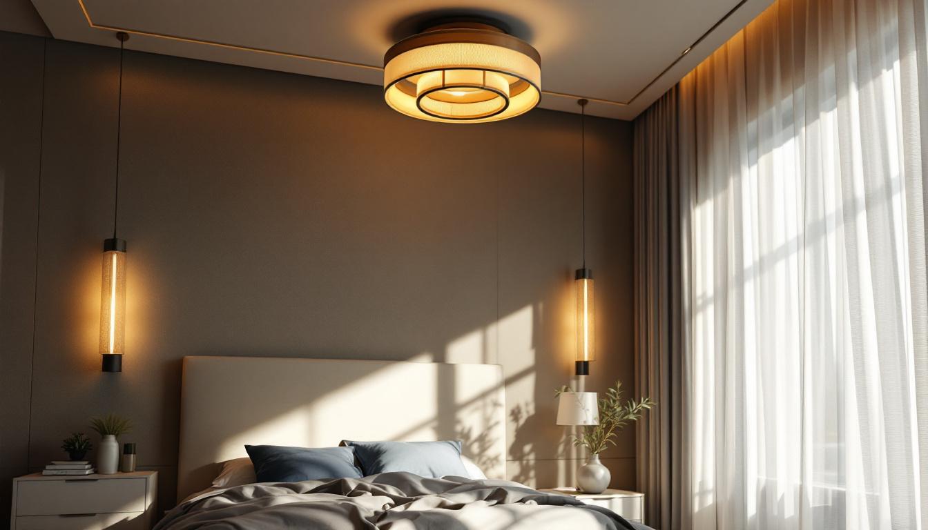 A photograph of a beautifully designed bedroom featuring an elegant ceiling light fixture