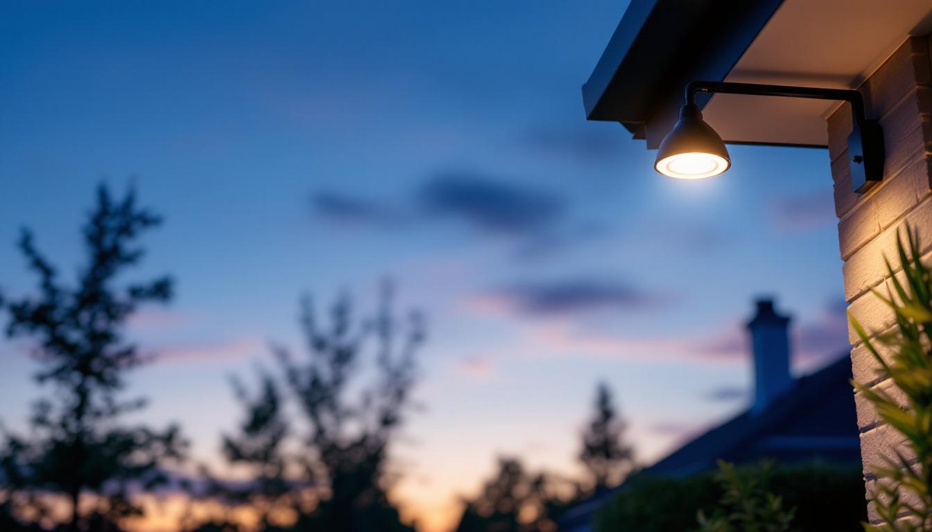 A photograph of a well-designed outdoor overhead lighting installation in a residential or commercial setting during twilight