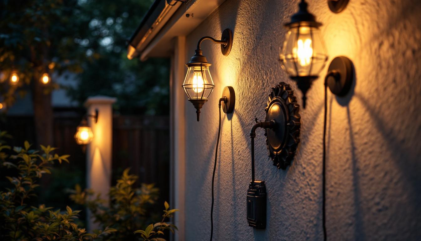 A photograph of a beautifully illuminated backyard scene featuring a variety of wall lights