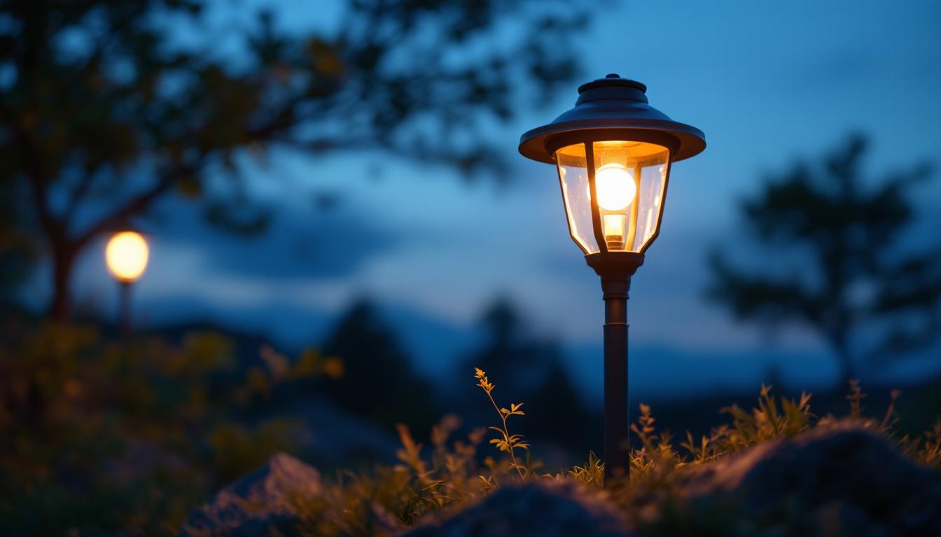 A photograph of a solar lamp illuminated at dusk in an outdoor setting
