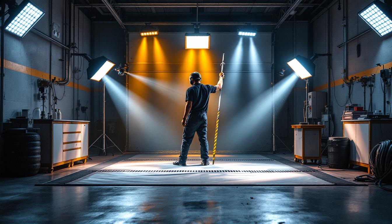 A photograph of a well-lit spray booth showcasing various lighting setups and fixtures