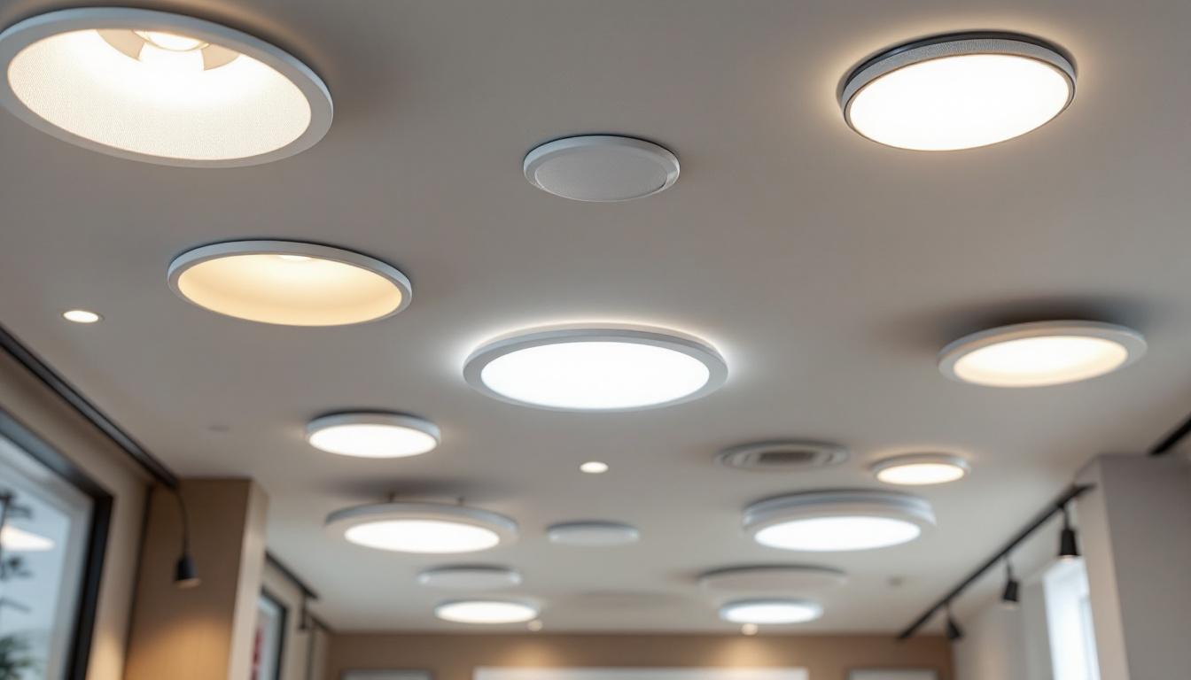 A photograph of a well-lit interior space featuring various styles of recessed lighting fixtures installed in the ceiling