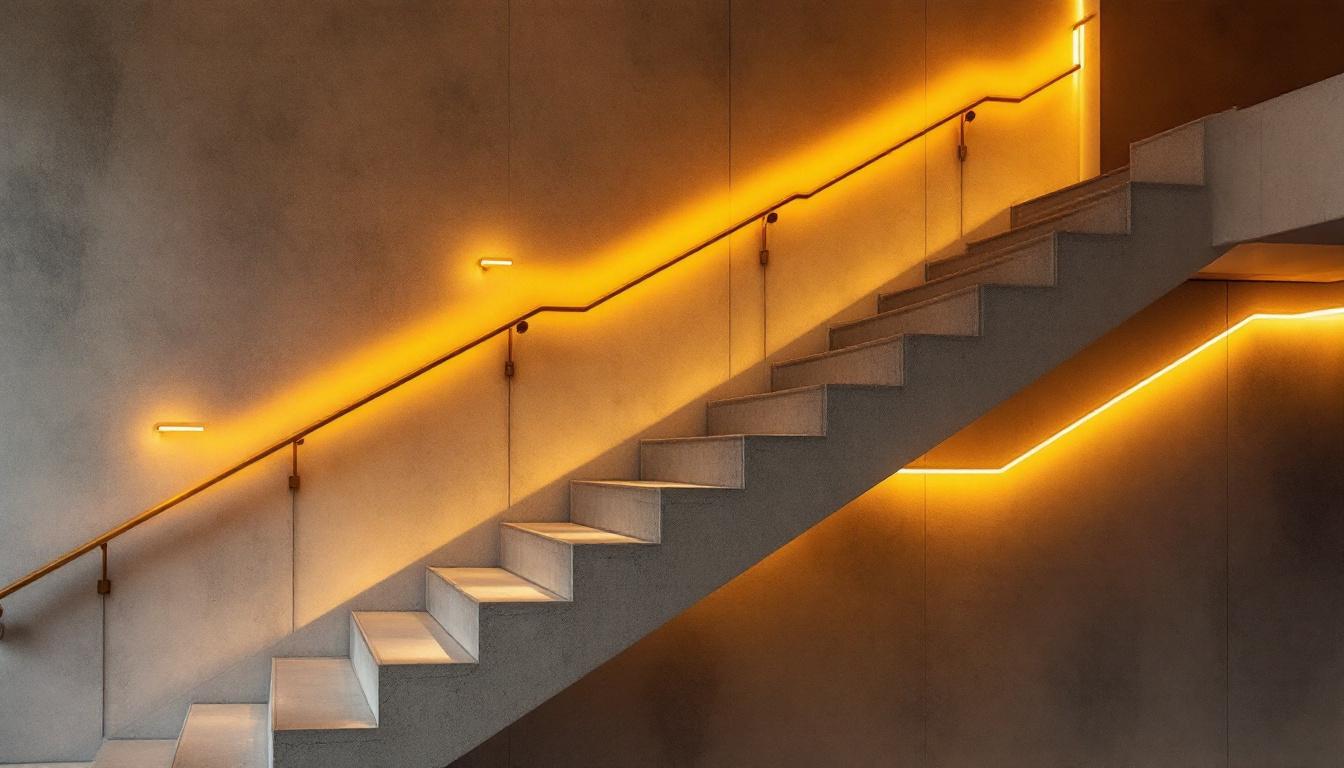 A photograph of a modern staircase elegantly illuminated by innovative lighting fixtures