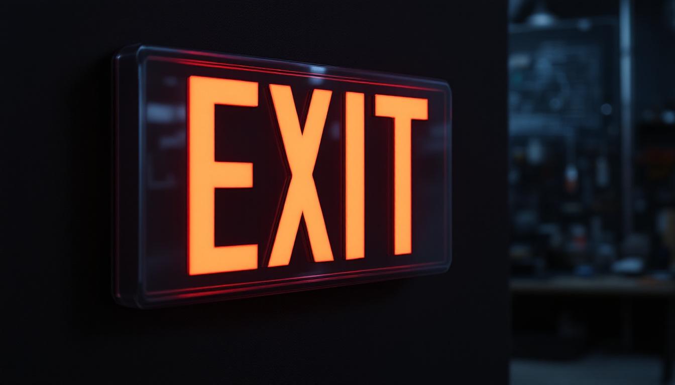 A photograph of a glowing battery exit sign in a dimly lit environment