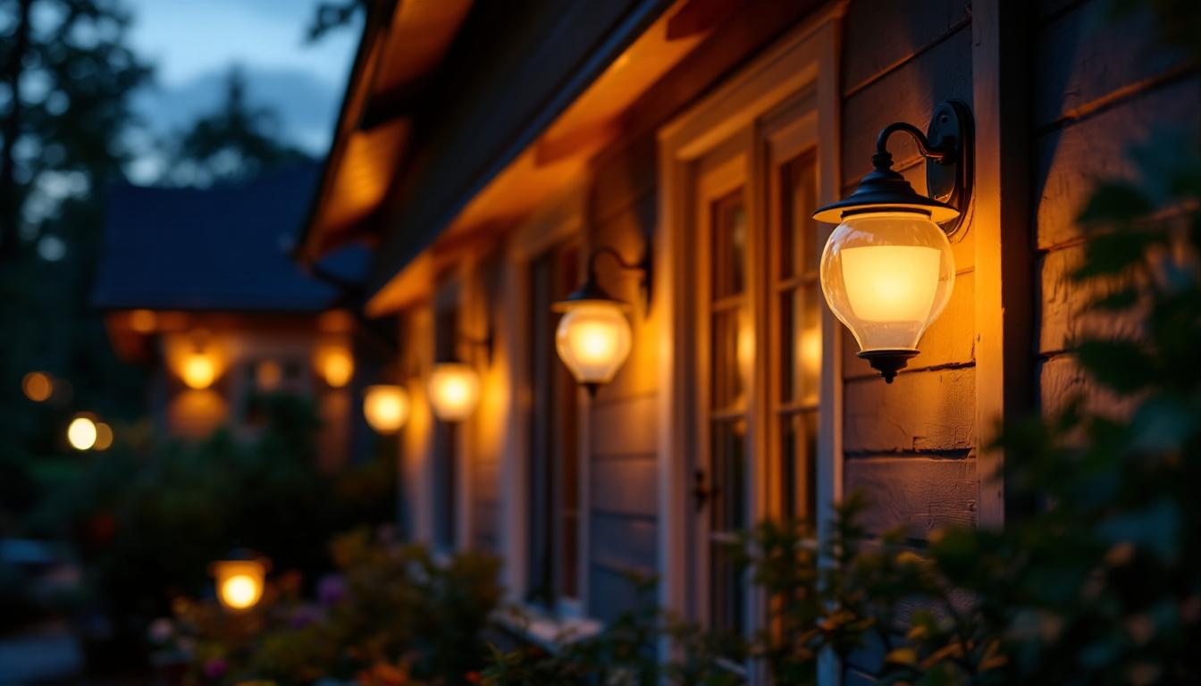 A photograph of a beautifully illuminated porch featuring led bulbs in stylish fixtures