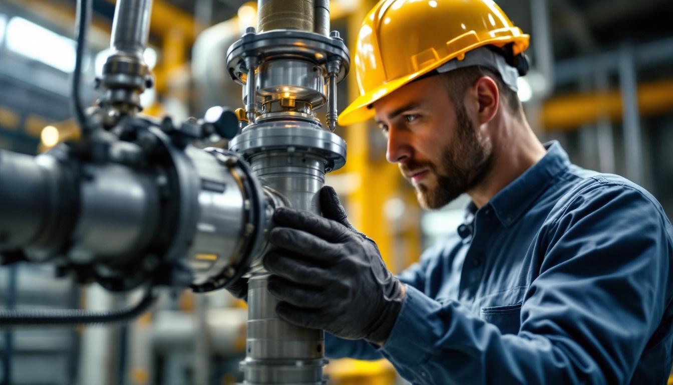 A photograph of a skilled engineer examining and adjusting a slip fitter connection on a piping system