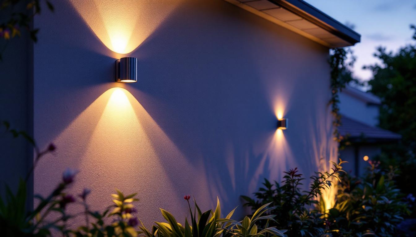 A photograph of a beautifully illuminated outdoor house wall featuring stylish wall lights
