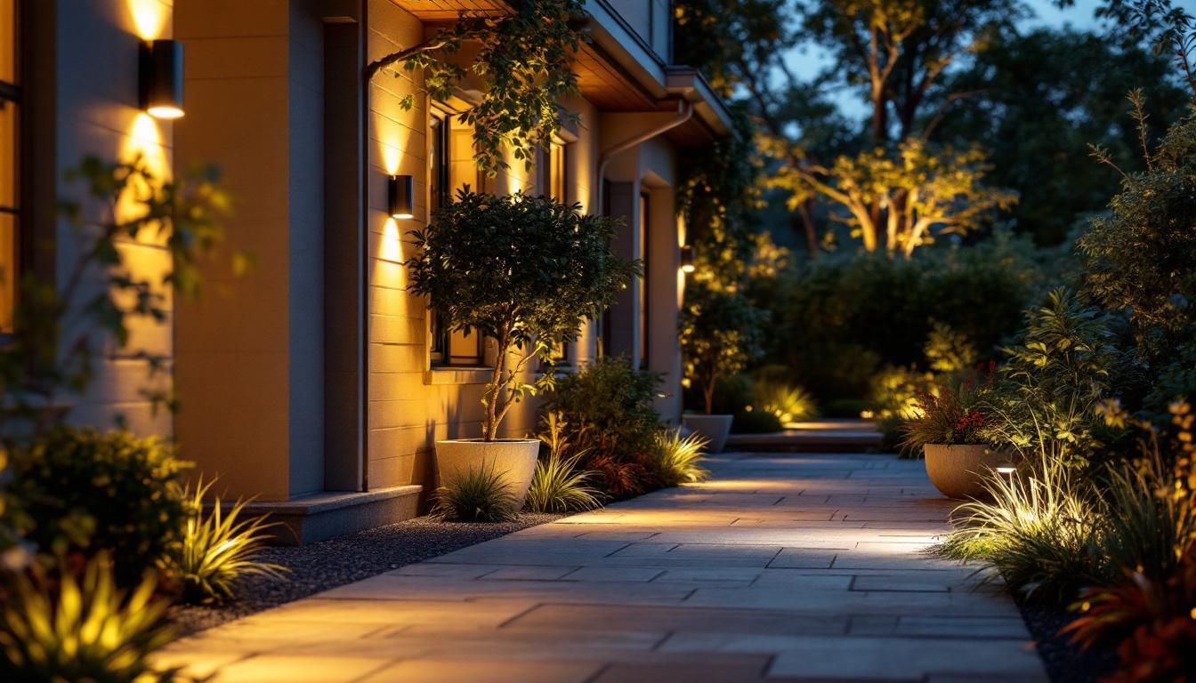 A photograph of a well-lit outdoor space showcasing various types of outdoor lighting installations