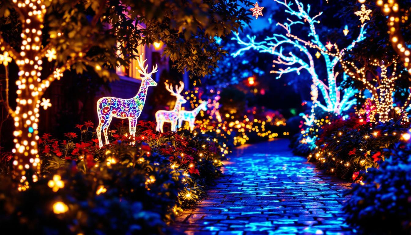 A photograph of a beautifully illuminated outdoor scene featuring projection christmas lighting