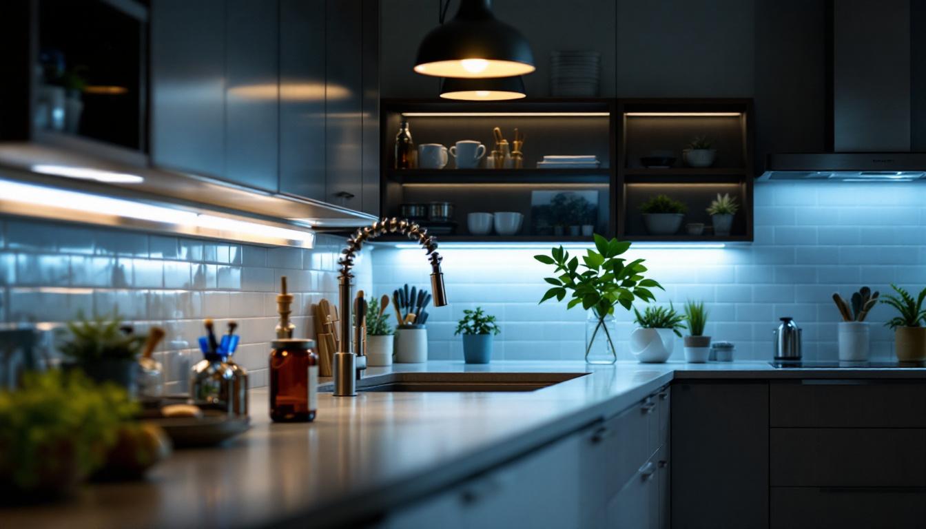 A photograph of a well-lit kitchen or workspace featuring under counter led lighting